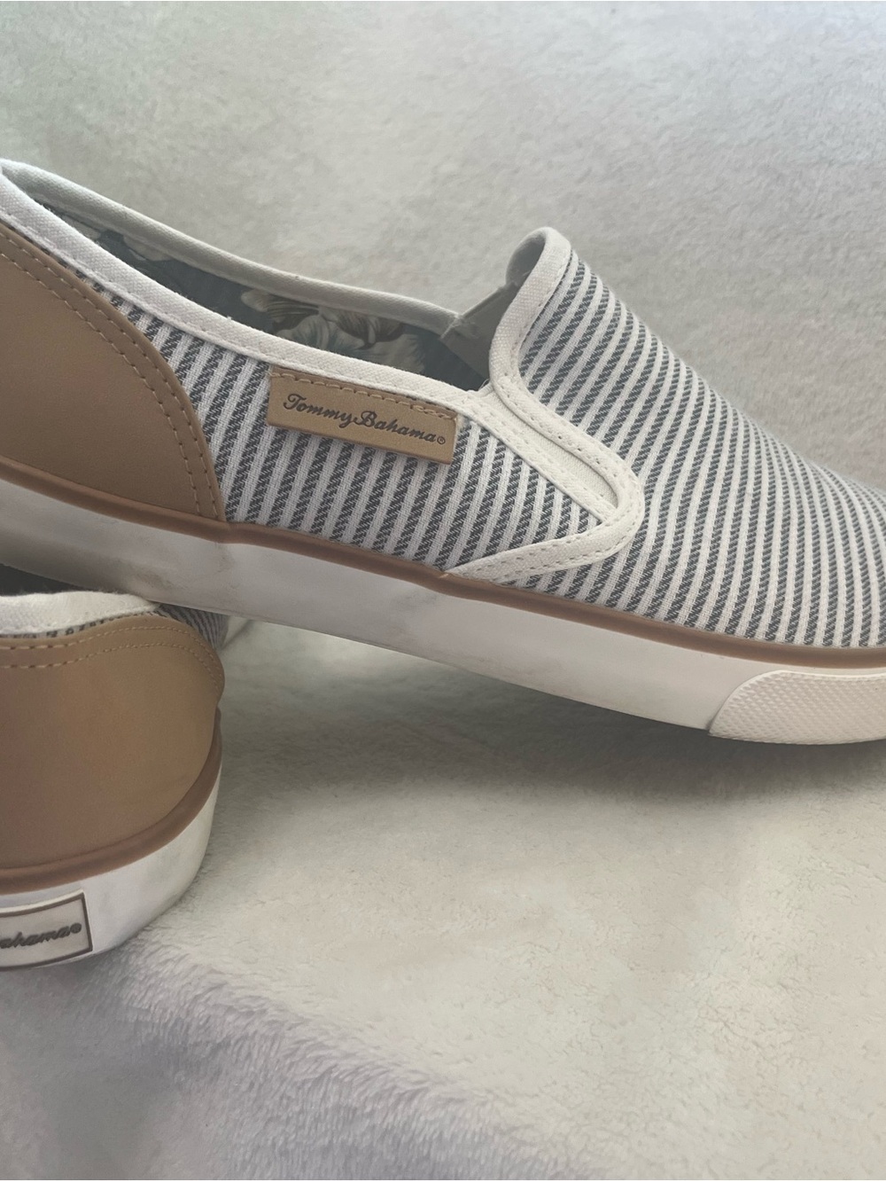 Tommy Bahama Blue & White Striped Slip-On Sneakers with Tan Accents